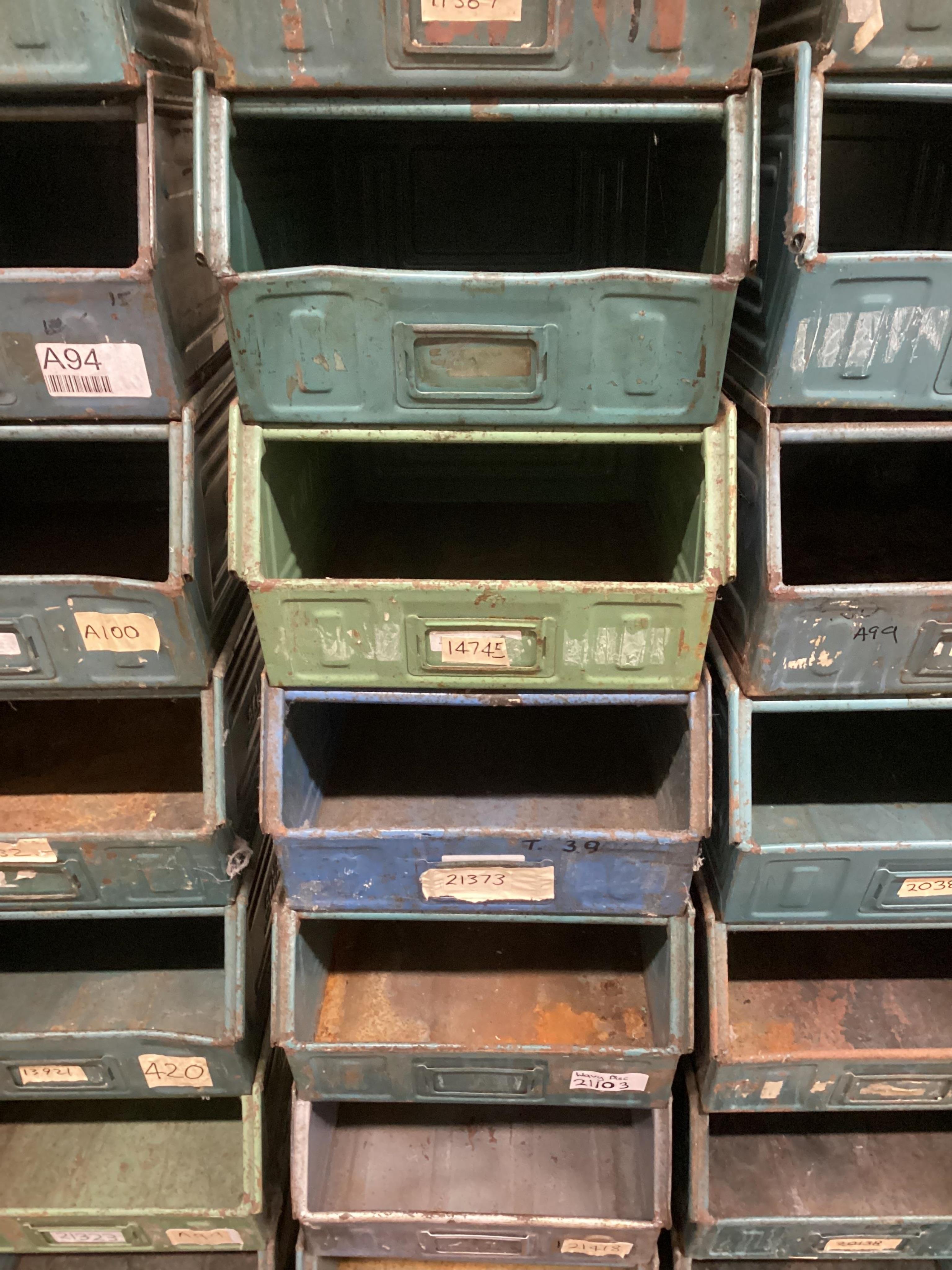 A vintage industrial steel metal bin tray box x 82 Storage Schafer Dexion Patina Display Backdrop, each of the same size and style so can be stacked / displayed in any way, mostly all SCHAFER KASTEN but some are DEXION b